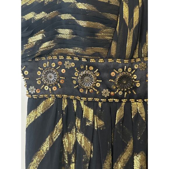 Oleg Cassini Black & Gold Silk Blend Maxi Dress with Beaded Waist Size 4 - Picture 5 of 11